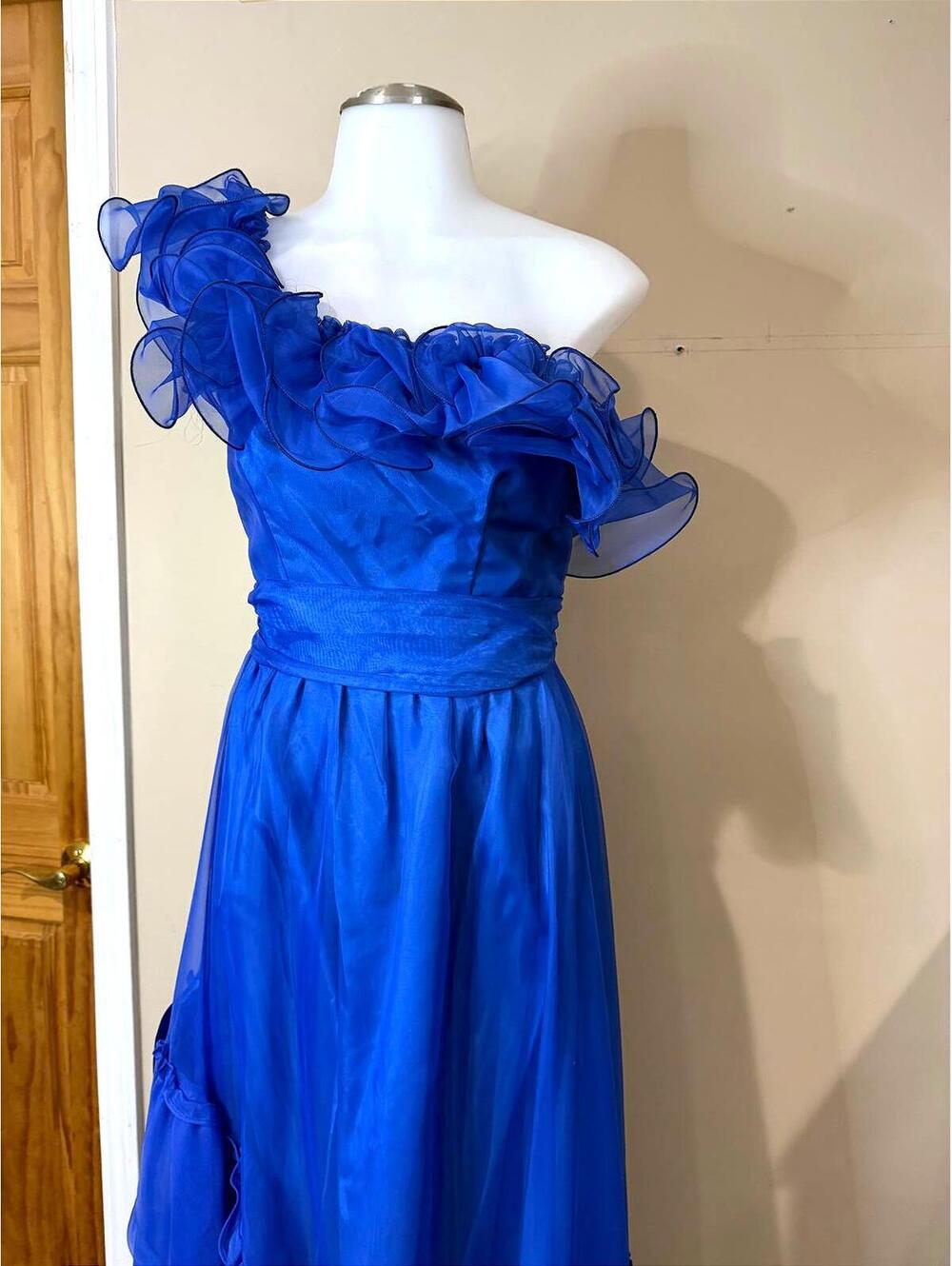 70s 80s Elegant Royal Blue One-Shoulder Ruffled Evening Dress Fancy Frocks